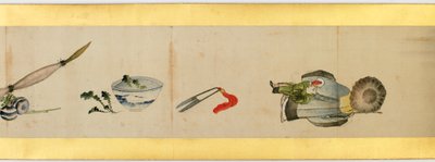 Detalj av Handscroll med diverse bilder, Edo Period, 1839 blekk og farger på papir av Katsushika Hokusai