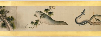 Detalj av Handscroll med diverse bilder, Edo Period, 1839 blekk og farger på papir av Katsushika Hokusai
