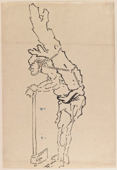 Tegning av en mann som hviler på en øks og bærer en del av en trestamme på ryggen (blekk på papir) av Katsushika Hokusai