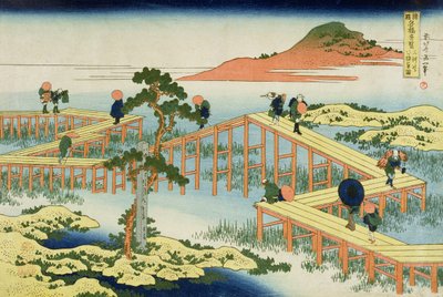 Åttedelt bro, provinsen Mucawa, Japan, ca. 1830 (treklosstrykk) av Katsushika Hokusai