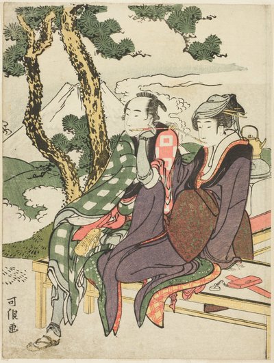 Evening Glow for Date no Yosaku og Seki no Koman, fra serien uten tittel kjent som "Eight Views of Tragic Lovers (Michiyuki hakkei)" av Katsushika Hokusai