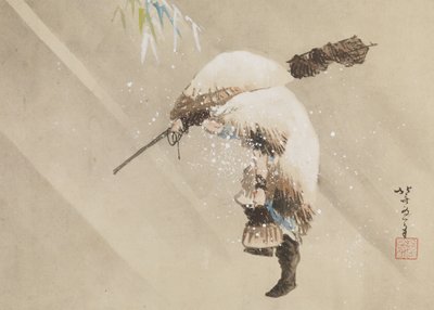 Fisker som bærer garnet sitt i snøen, ca. 1821 (blekk, farge og gofun på papir) av Katsushika Hokusai