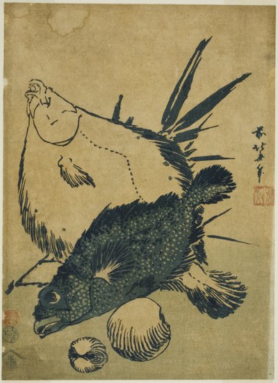 Flatfisk, skorpionfisk og skjell, fra en serie med chuban-trykk uten navn av Katsushika Hokusai