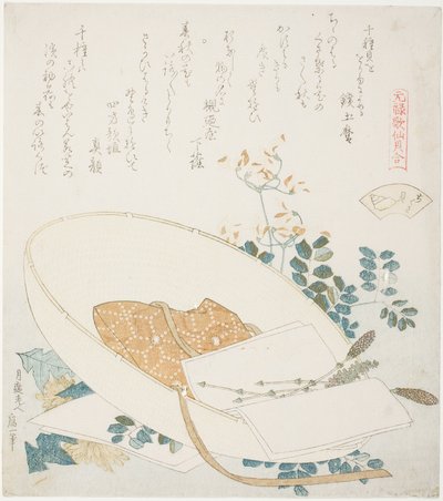 Freshly-Picked Flowers in a Traveler’s Hat, illustrasjon for The Thousand-grasses Shell (Chigusagai), fra serien "A Matching Game with Genroku-period Poem Shells (Genroku kasen kai awase)" av Katsushika Hokusai