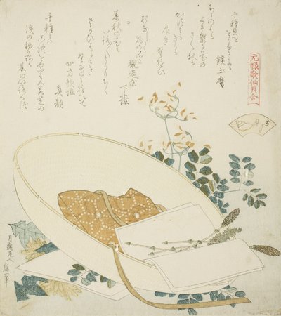 Nyplukkede blomster i en reisendes hatt, illustrasjon for The Thousand-grasses Shell av Katsushika Hokusai