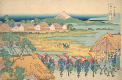 Fuji sett i avstanden fra Senju Pleasure Quarter Senju kagai yori chobo no Fu..., ca. 1830-32. av Katsushika Hokusai