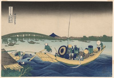Fuji fra Ommayagashi med Twilight over Ryogoku Bridge (Ommayagashi yori ryogokubashi sekiyo o miru), fra serien "Thirty-six Views of Mount Fuji (Fugaku sanjurokkei)" av Katsushika Hokusai