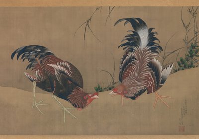 Gamecocks, datert 1838. av Katsushika Hokusai