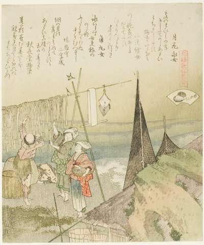 Hanging Abalone Out to Dry, illustrasjon for Abalone (Awabi), fra serien "A Matching Game with Genroku-period Poem Shells (Genroku kasen kai awase)" av Katsushika Hokusai