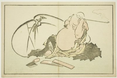 Hotei Smoking his Pipe, fra The Picture Book of Realistic Paintings of Hokusai (Hokusai shashin gafu), ca. 1814 (treblokktrykk i farger (albumark)) av Katsushika Hokusai