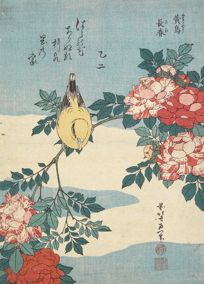 Japanese Nightingale og Spray of Roses, ca. 1832 av Katsushika Hokusai
