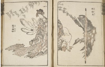 Japansk kvinne en hvit rev med 9 haler og en ape (treblokktrykk) av Katsushika Hokusai