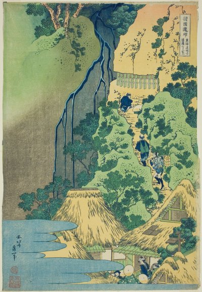 Kannon-helligdommen ved Kiyo Falls ved Sakanoshita på Tōkaidō, fra serien Tour of the Waterfalls in Various Provinces (Shokoku taki meguri) av Katsushika Hokusai