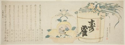 Fat sake og kurv med appelsiner av Katsushika Hokusai