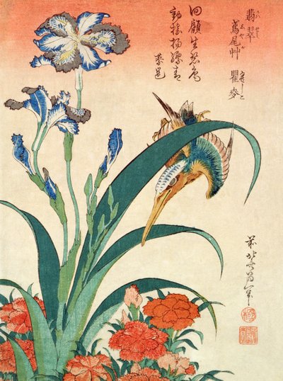 Kingfisher, Iris og Pinks, pub. av Nishimura Eijudo, ca. 1832, ett av et sett med ti trykk, (chuban-størrelse, treblokk i farger) av Katsushika Hokusai