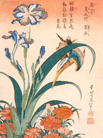 Kingfisher, Irises and Pinks, utgitt c1834. av Katsushika Hokusai