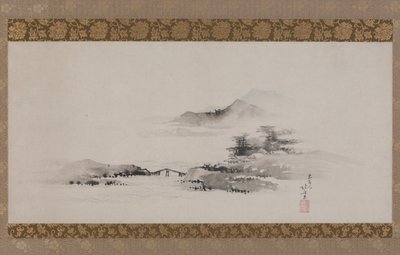 Landskap, Edo-periode, ca. 1801-02 (blekk og farge på papir montert som hengende rulle) av Katsushika Hokusai