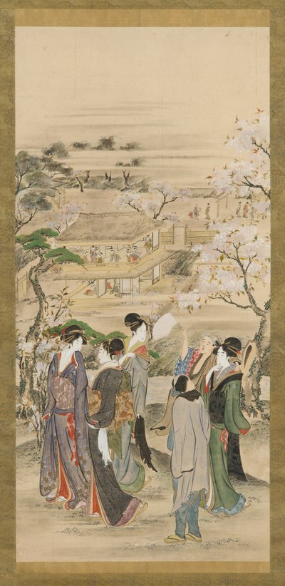 Landskap: partier av menn og kvinner som ser på kirsebærblomster, sent på 1700- og tidlig på 1800-tallet. av Katsushika Hokusai