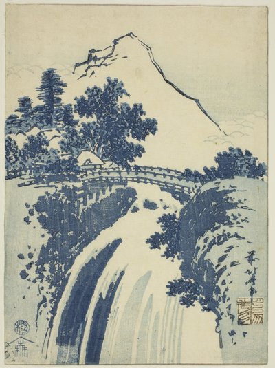 Landskap med foss, fra en serie med tjubantrykk uten tittel av Katsushika Hokusai