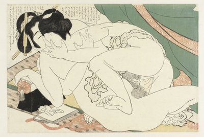 Kjærlighetspar ved myggnetting Adonis-planten (serietittel) Fukujuso (serietittel) av Katsushika Hokusai