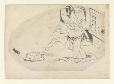 Mann i lendeklede, en boks og en mus av Katsushika Hokusai