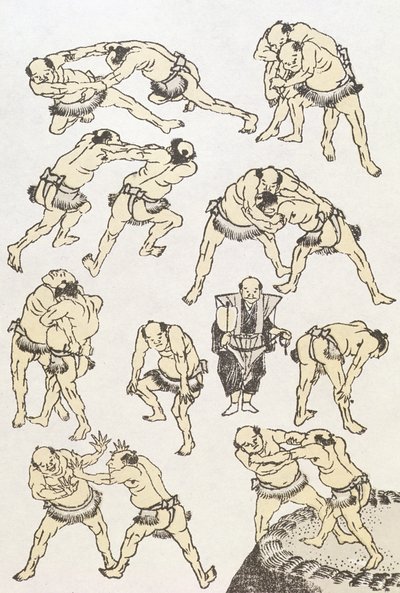Manga: studier av gester og stillinger av brytere, pub. 1849, (treblokktrykk i farger) av Katsushika Hokusai