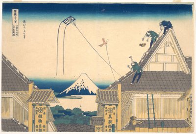Mitsui-butikken i Surugachō i Edo (Edo Surugachō Mitsui mise ryaku zu), fra serien «De tretti-seks utsiktene over Fuji» (Fugaku sanjūrokkei) av Katsushika Hokusai