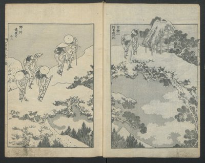 Mount Fuji under en bro til venstre, Mount Fuji bak et nett til høyre, fra One Hundred Vi..., ca. 1847. av Katsushika Hokusai