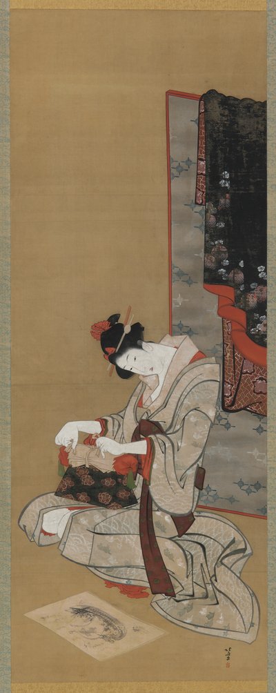 Egendefinert nyttår: Sminke på nyttårsmorgen, Edo-perioden, ca. 1806-11 (blekk og farge på silke) av Katsushika Hokusai