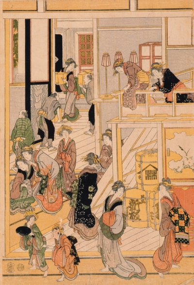 Nyttårsdag på tehuset Ogi-ya. ca. 1810 (treblokktrykk i farger) (for sett se 277796-277798) av Katsushika Hokusai
