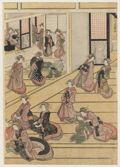 Nyttårsdager på tehuset Ogi-ya. ca. 1810 (treblokktrykk i farger) (for sett se 277795-277797) av Katsushika Hokusai