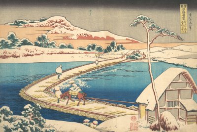 Gammel utsikt over båtbroen ved Sano i Kozuke-provinsen Kozuke Sano funabashi no kozu,..., 1827-30. av Katsushika Hokusai