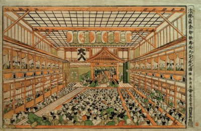 Originalt perspektivbilde av Great Kabuki Theatre i Edo av Katsushika Hokusai