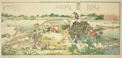 Sider fra den illustrerte boken "Panoramisk utsikt langs bredden av Sumida-elven (Ehon Sumidagawa ryogan ichiran)" av Katsushika Hokusai