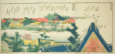 Sider fra den illustrerte boken "Panoramisk utsikt langs bredden av Sumida-elven (Ehon Sumidagawa ryogan ichiran)" av Katsushika Hokusai