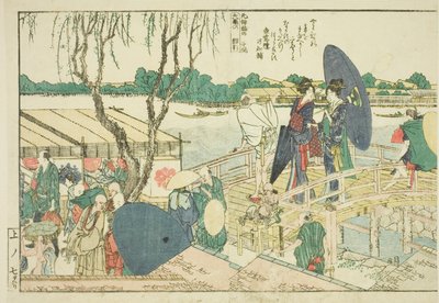 Sider fra den illustrerte boken "Panoramisk utsikt langs bredden av Sumida-elven (Ehon Sumidagawa ryogan ichiran)" av Katsushika Hokusai