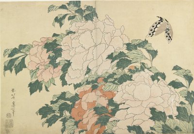 Peoner og sommerfugl, ca. 1830-1831 av Katsushika Hokusai