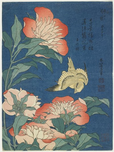 Peoner og kanarifugler, ca. 1833 av Katsushika Hokusai