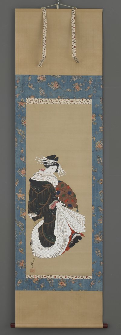 Portrait of a Courtesan Walking, ca. 1815-19 (blekk, farge og gull på silke) av Katsushika Hokusai