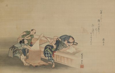 Pounding Rice for Mochi, innskrevet av Momomoto Hinamaro, Edo-perioden, ca. 1822 (blekk og farge på silke montert som hengende rulle) av Katsushika Hokusai