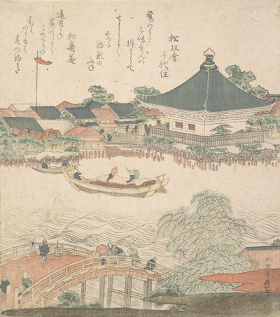 Elvescene med bro i forgrunnen, ca. 1810. av Katsushika Hokusai