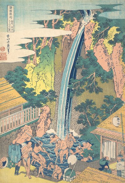 Robben Water r Fall på Oyama-medlem Sagami P Rovinse Sake Oyama Robbens matlaging, fra Te Seri. . . , mygg. 1827. av Katsushika Hokusai