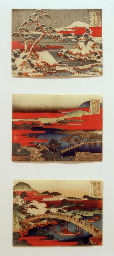 Snø, måne og blomster i vakre landskap av Katsushika Hokusai
