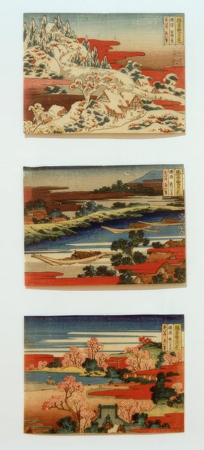 Snø, måne og blomster i vakre landskap av Katsushika Hokusai