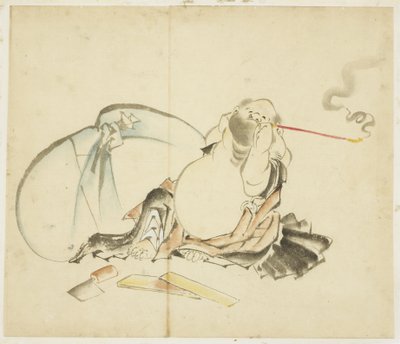 Sittende Hotei Smoking a Pipe, ca. 1815-1849 (blekk og farge på papir) av Katsushika Hokusai