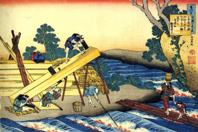 Serie de cent poems de cent poetes : ""Harumichi no Tsuraki"" Charpentiers au travail - Estampe de Katsushika Hokusai (1760-1849) (ecole ukiyo-e) vers 1830 State Hermitage Saint Petersbourg av Katsushika Hokusai