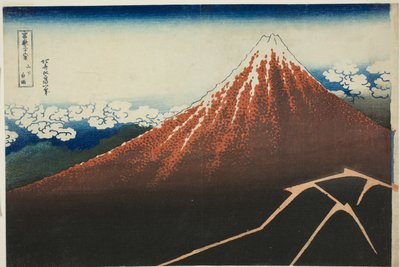 Shower Below the Summit (Sanka hakuu), fra serien "Thirty-Six Views of Mount Fuji (Fugaku sanjurokkei)" av Katsushika Hokusai