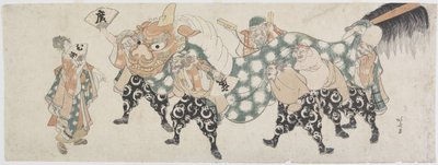 Seks mannlige guder som utfører løvedansen, 1797-1819 (treblokktrykk i farger) av Katsushika Hokusai