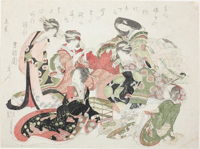 Seks kvinner satt rundt et fuglebur av Katsushika Hokusai
