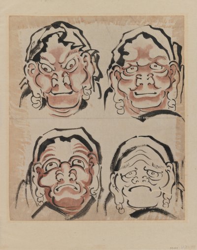 Skisse av fire ansikter (blekk på papir) av Katsushika Hokusai